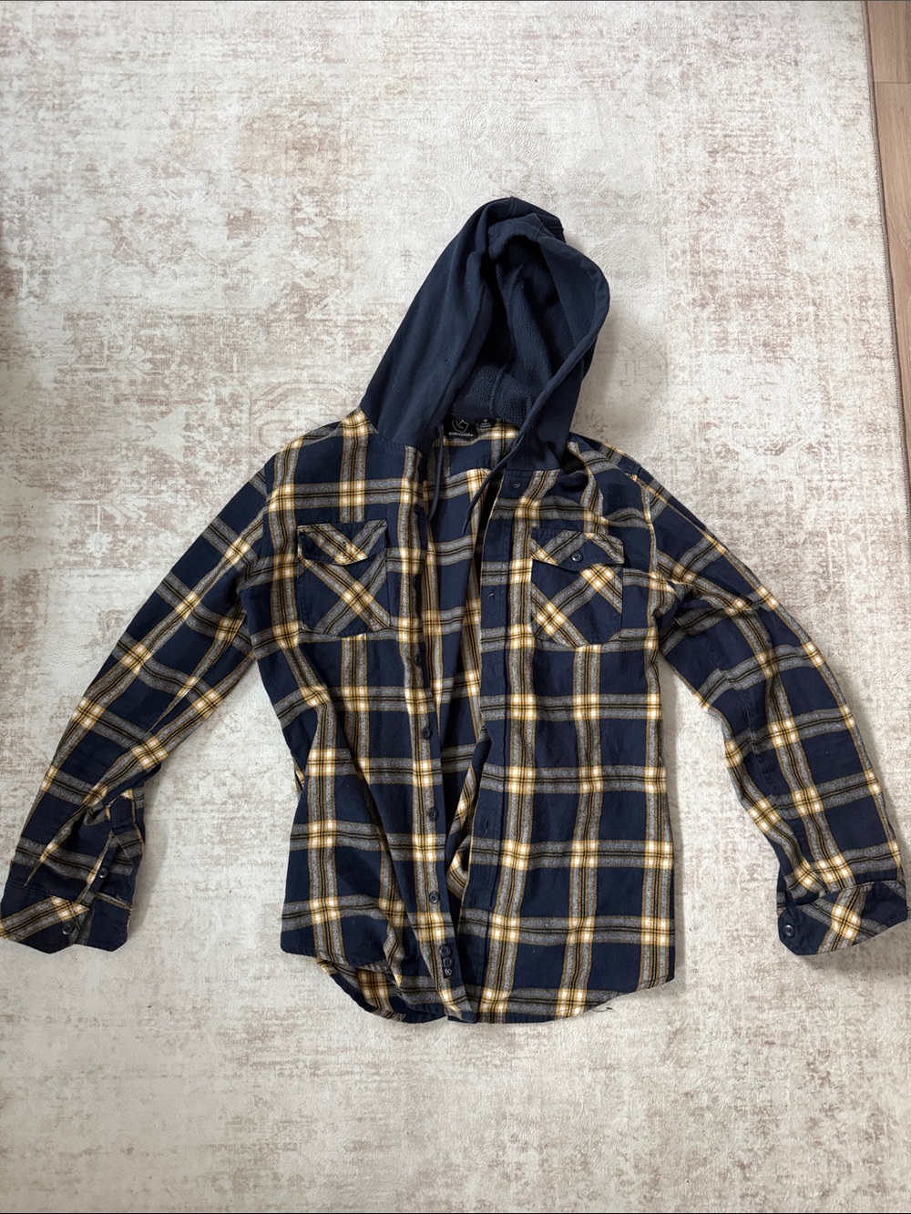burnside Navy and Yellow Plaid Button-Up Hooded Shirt